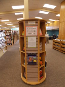 Book display for Hispanic Heritage Month in round kiosk