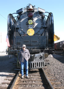 Donald Beem with a steam engine touring New Mexico in celebration of the state's centennial