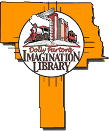 Dolly Parton's Imagination Library logo superimposed on the shape of Grant County, New Mexico, in orange