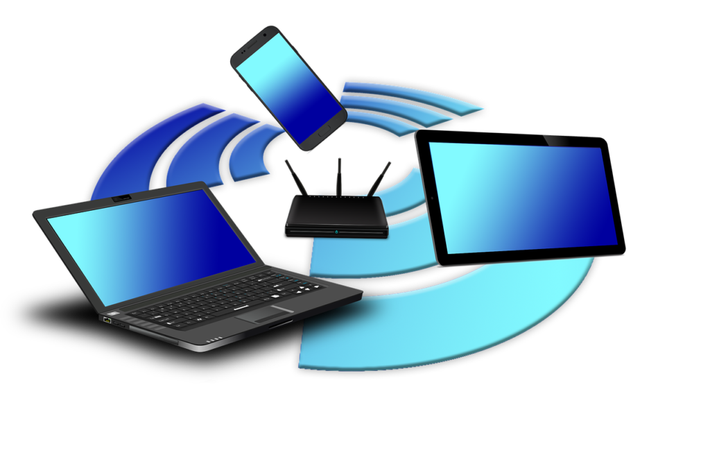 laptop, tablet, smartphone connected to a wireless internet access point
