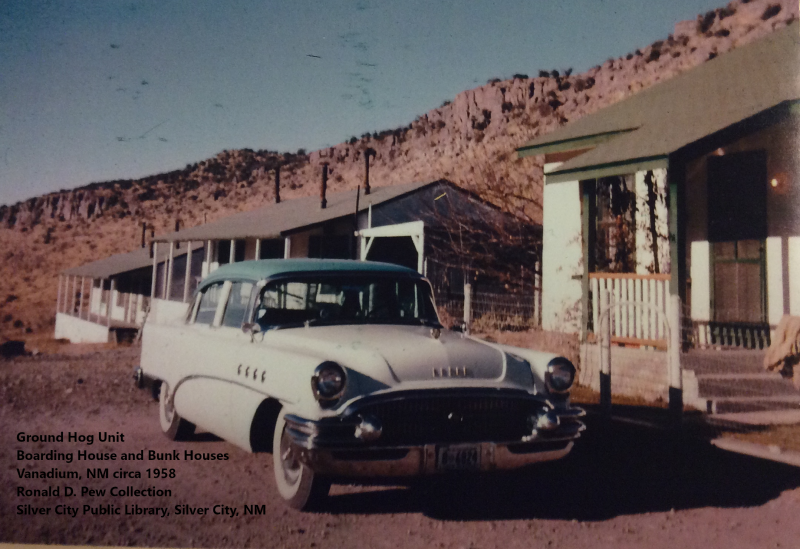 Car at the Ground Hog Unit boarding and bunk houses, Vanadium, NM, circa 1958. Ronald D. Pew collection, Silver City Public Library