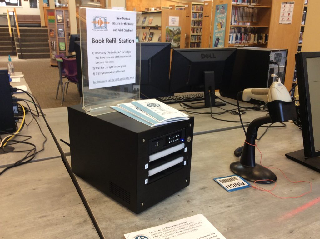 photo of the Library for the Blind and Print Disabled "Scribe" machine located in the Silver City Public Library for patrons to refill their book cartridges.