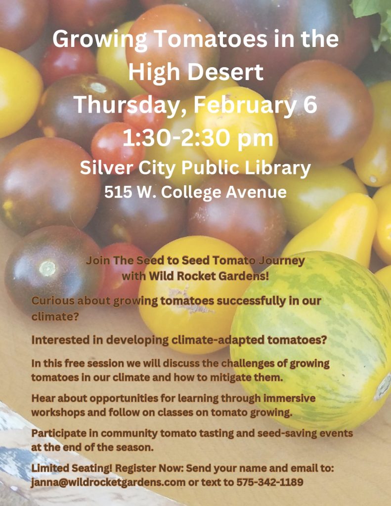 Growing tomatoes in the high desert, Thursday, February 6, 1:30 p.m. to 2:30 p.m. at the Silver City Public Library. In this free session we will discuss the challenges of growing tomatoes in our climate and how to mitigate them.