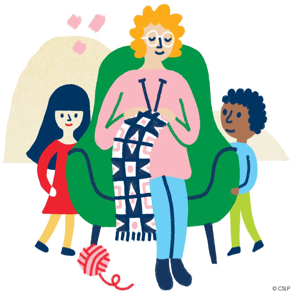 illustration of woman knitting and two children watching
