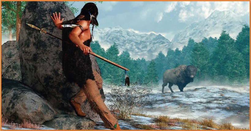 Artwork of a Native American stopping mid-stride, leaning on a rock for balance, and looking at a giant ice-age-era bison. The landscape is covered in light snow, and there are pine trees and snow-covered mountains behind the bison.